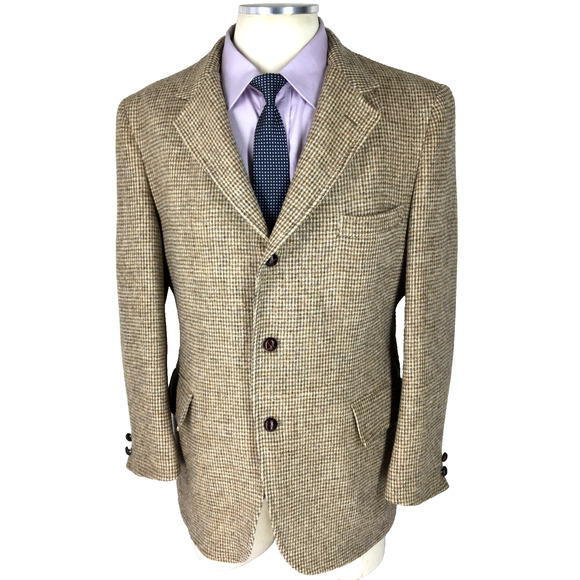 44S Harris Tweed Mens Vintage 3 Button Blazer Sport Coat Jacket Sand Beige Gray - Picture 3 of 13